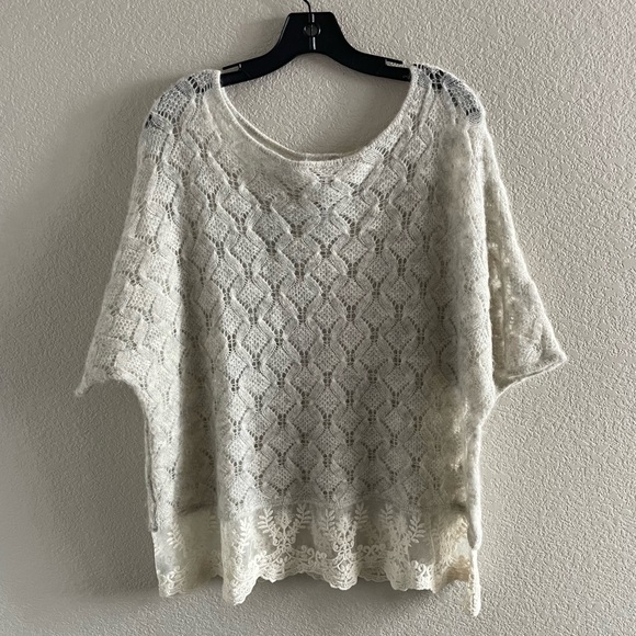 Anthropologie Knitted & Knotted Lace Hem Sweater Short Sleeve Cream Small - Picture 4 of 11
